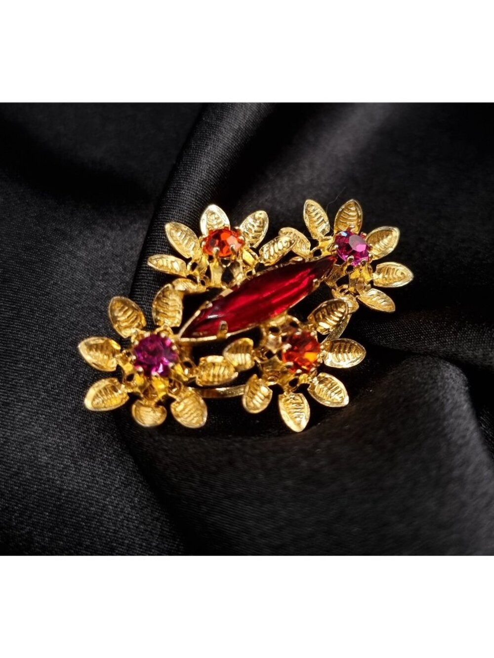 Vintage 1960's Austria Signed Red & Gold Floral Brooch With Rhinestones